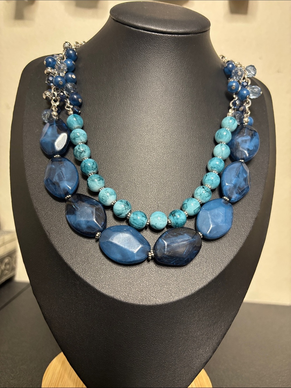 Erica Lyons Blue Beaded Statement Necklace Silver Tone
